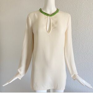 Gucci Cream Silk Blouse with Green Neckline